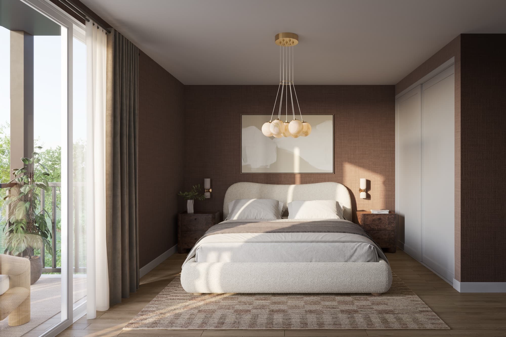 Primary bedroom in an Aura Upper Residence with large windows