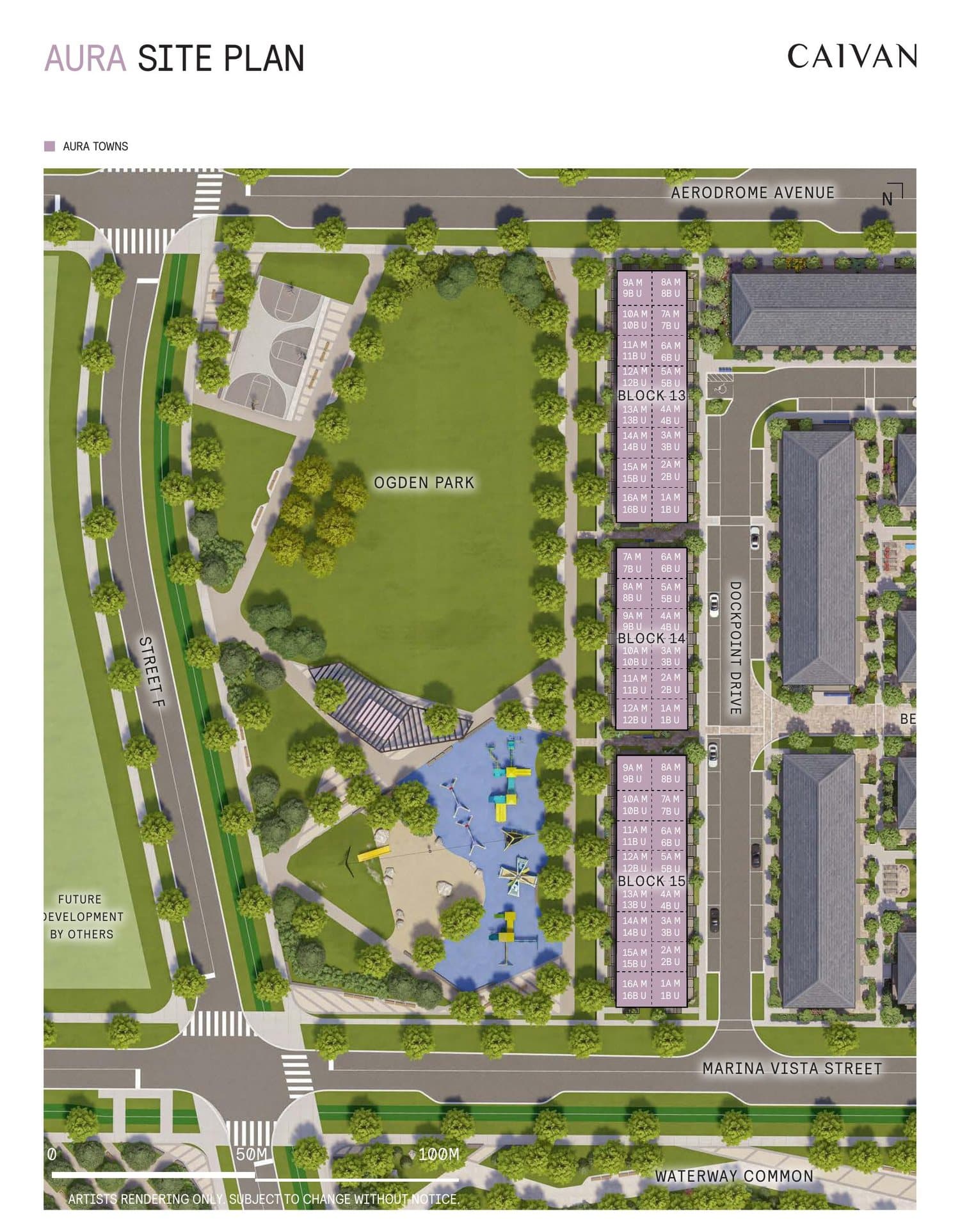 Site plan for Aura at Lakeview Village showing Blocks 13, 14 & 15 along Dockpoint Drive, backing onto Ogden Park